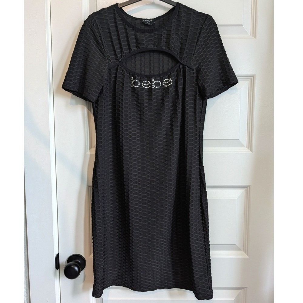 Bebe Black Textured Popcorn Knit Cutout Rhinestone Logo Mini Dress Large
